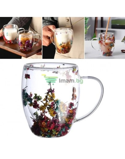 Стъклена чаша двойна с естествени цветя за кафе и чай 250 мл